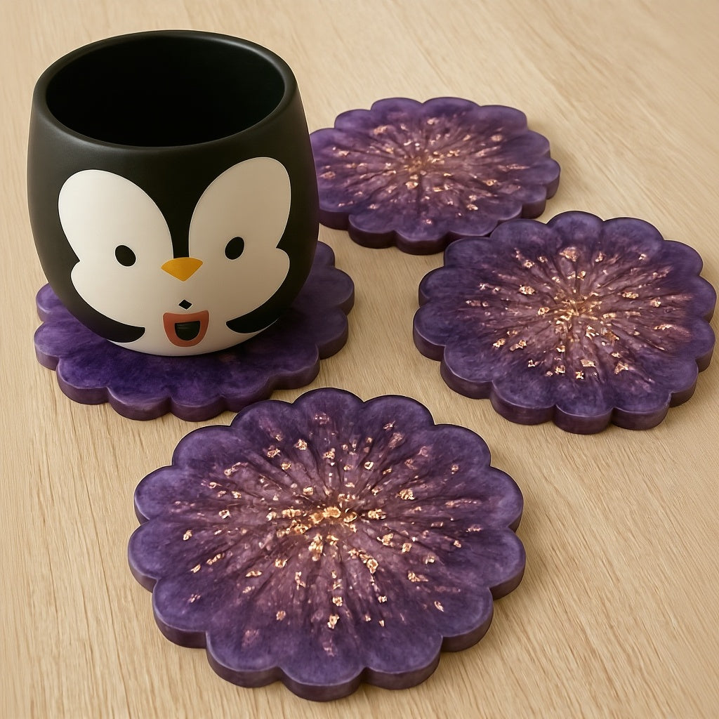 Amethyst Bloom – 4’lü El Yapımı Epoksi Bardak Altlığı Seti