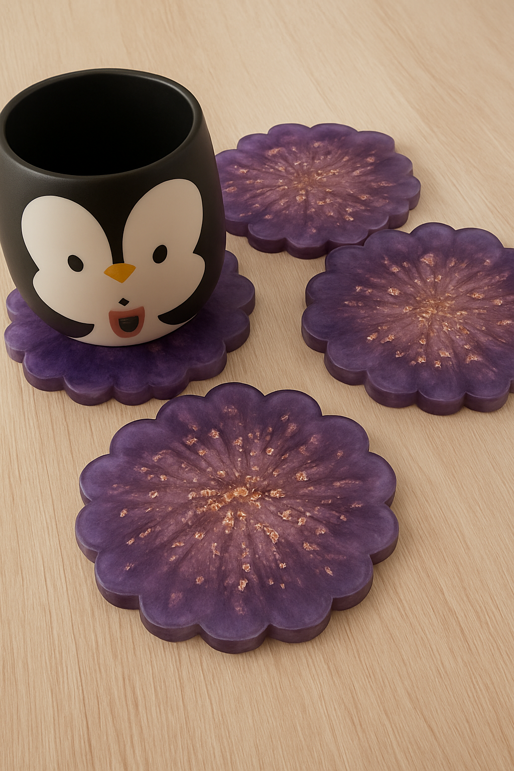 Amethyst Bloom – 4’lü El Yapımı Epoksi Bardak Altlığı Seti